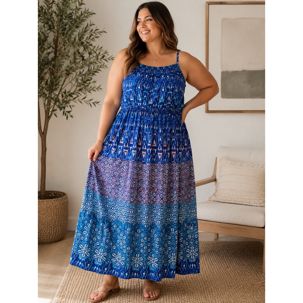 Lane‎ Bryant Maxi Dress Womens 26/28 Blue Geometric Tiered Smocked Boho Summer